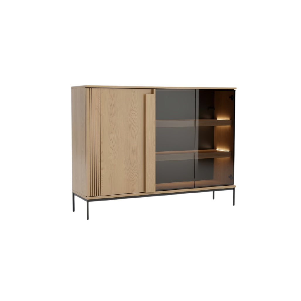 Modern Minimalist Wooden Sideboard with Glass Doors and Integrated Lighting